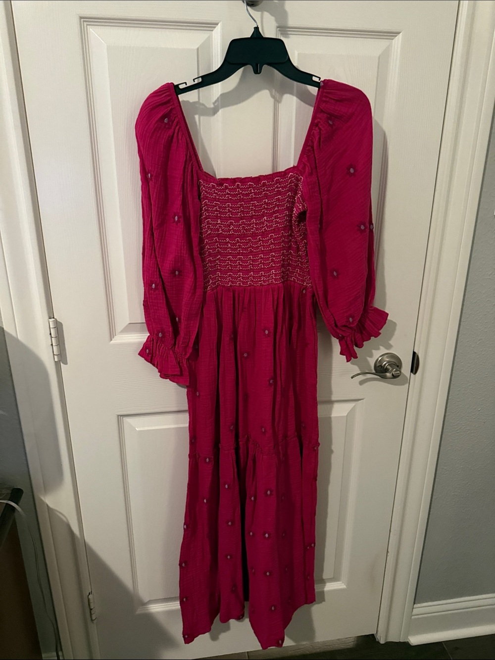 Women’s Fuchsia Smocked Midi Dress with Puff Sleeves
